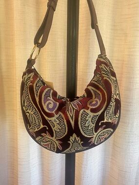 Maxx New York Burgundy Paisley Embroidered Hobo with Gold Accents